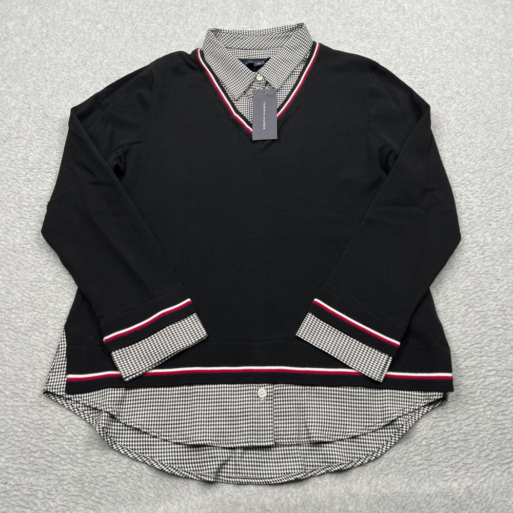 NEW Tommy Hilfiger Sweater Womens Medium Black Houndstooth Layered V-Neck 2-in-1